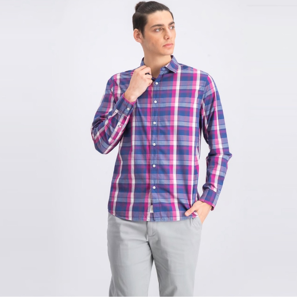 Bixby Nomad Slim Button Down Dress Shirt Size Large Tall Pink and Blue Plaid